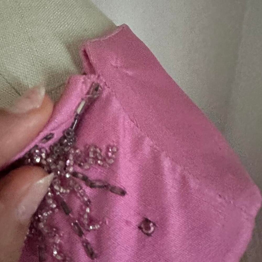 Women’s Large Dress Rose Pink Structured Full Silk Beaded Gown & Stole 1970s - Picture 7 of 7